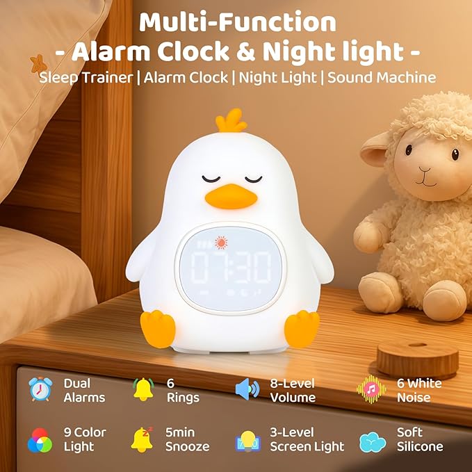 Sleepy Duck Alarm Clock with Night Light for Kids with Sleep Training and Sound Machine, Rechargeable Silicone Lamp OK to Wake Clock，Cute Animal Tabletop Lamp, Perfect Sleep Companion for Boys Girls