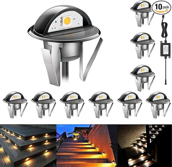RNEHON Outdoor LED Deck Lights Kit,Warm White Φ1.38 Low Voltage 12V DC Step Stair Lights,IP65 Waterproof Recessed Landscape Lighting for Garden,Yard Steps,Patio,Floor Decoration(10 Pack)