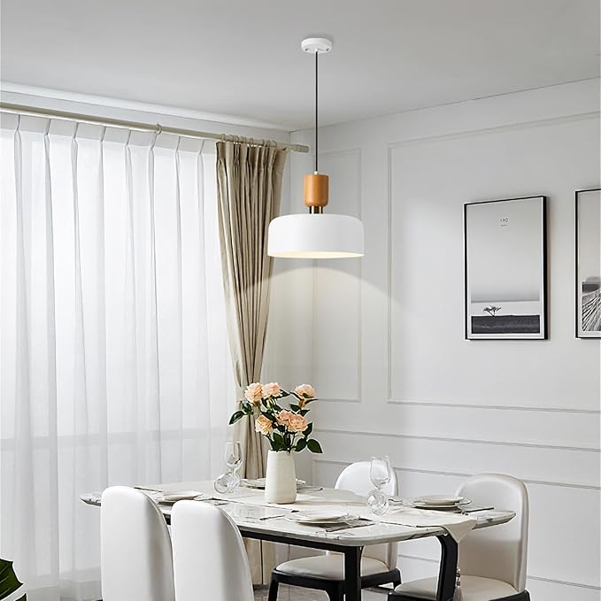 TeHenoo Modern Pendant Light,12 inch,Natural Wood and Brass Accent,Adjustable Simple Pendant Light Fixture for Kitchen Island, Dining Room, Matte White