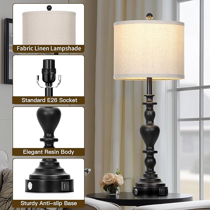 27" Vintage Table Lamps for Living Room Set of 2, Farmhouse Rustic Nightstand Lamps with USB C+A Ports, 3-Way Dimmable Bedside Lamp for Bedrooms Office Dorm, 2 LED Bulbs Included Washed Antique Black