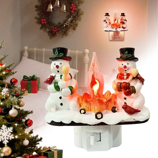 2025 Christmas Night Light, 3D Christmas Snowman Campfire Nightlight, Christmas Eve Campfire Flickering Night Light Gifts for Family, 120V Plug-in Powered for Festive Ambiance
