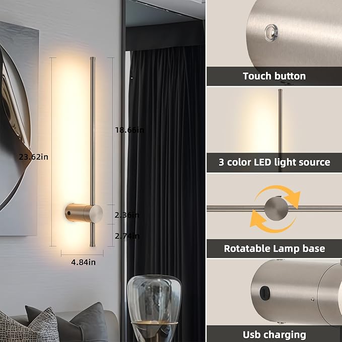 Battery Operated Wall Sconces with Remote, Dimmable 3000K-6000K/Timer/Memory LED Wall Lamp, 350°Rotate, USB Rechargeable Wireless wall lights for Living Room, Bedroom Brushed Nickel 23.6" (2 Pack)