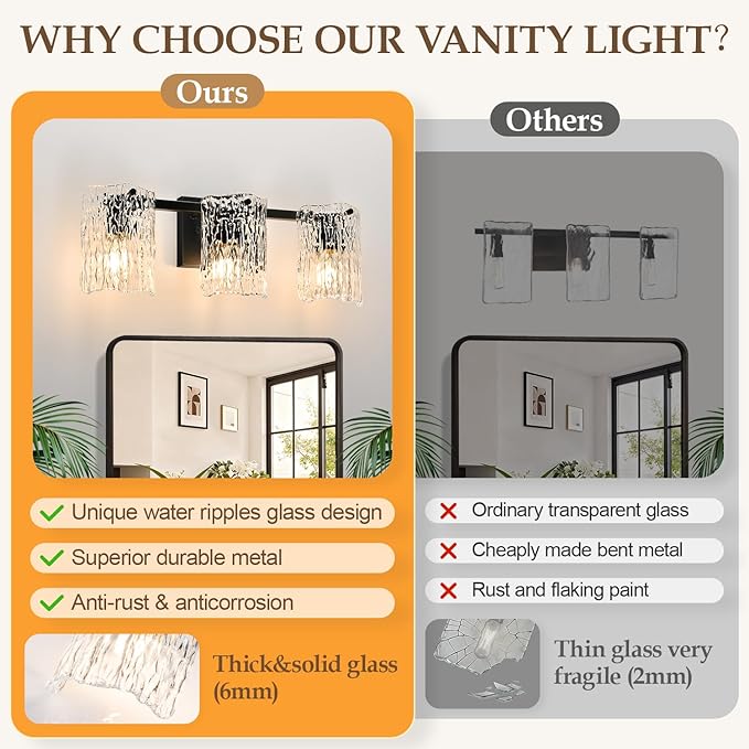 Bathroom Light Fixtures, 3-Light Vanity Lights with Water Ripple Glass Shade, Modern Black Bathroom Lights, Vanity Wall Lamp for Mirror (19.5in)