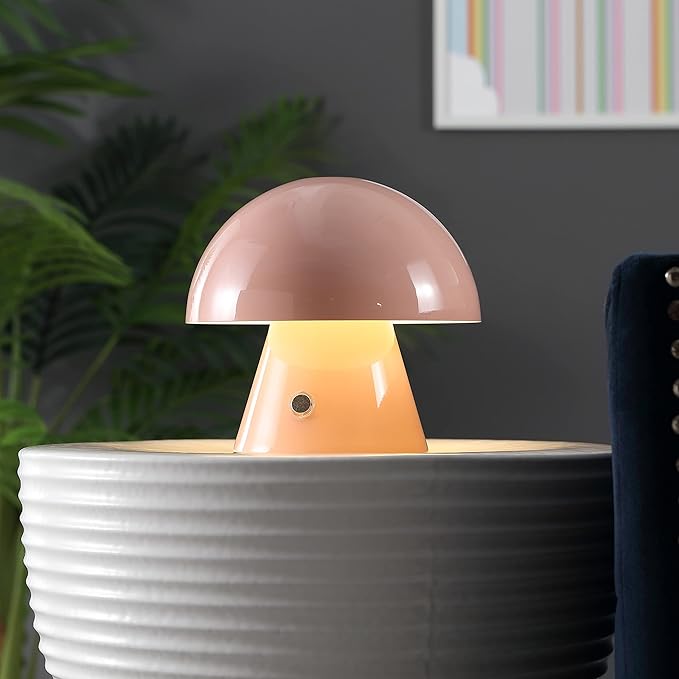 JONATHAN Y 7" Pink Rechargeable Cordless Mushroom Table Lamp, Portable LED Nightstand Lamp for Bedroom Living Room, Metal Shade, 3-Way Dimmable Touch Sensor Modern Accent (JYL7116D)