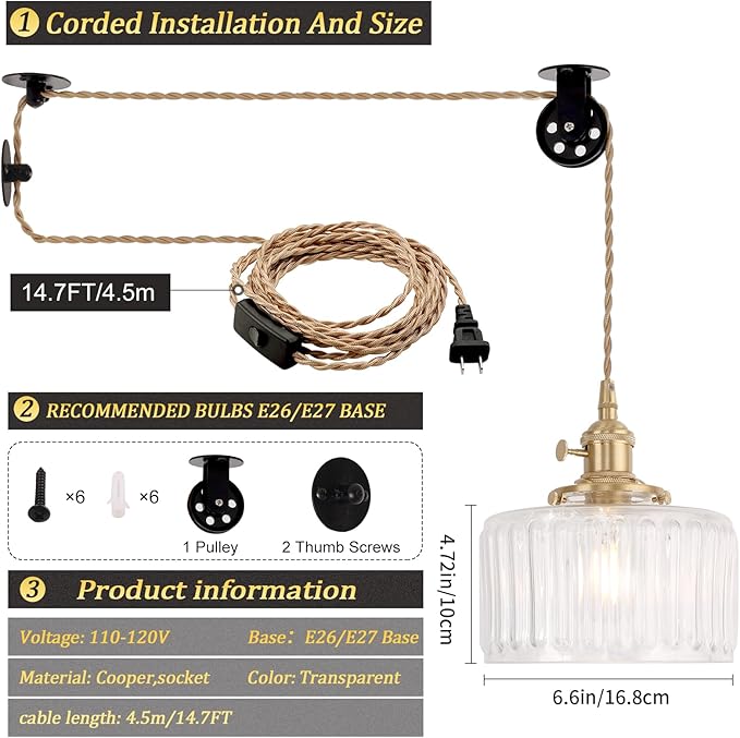 Plug in Pendant Light Hanging Light Fixture Corded On/Off Switch Brass Pendant Light with Clear Striped Glass Lampshade for Bedroom Living Room Kitchen Island