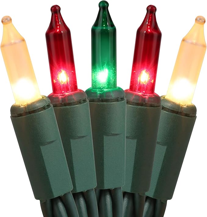 Christmas String Lights - 24ft 100 Incandescent Multi Color Mini Bulbs Lights,Green&White&Red Lighting Decor for Outdoor&Indoor Use, Fairy Garden, Yard, Home, Party, Holiday, Halloween Decoration