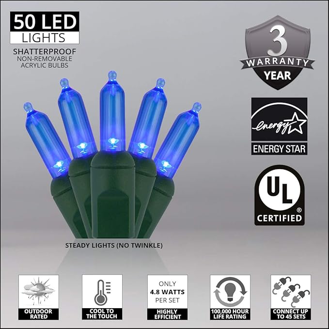 Wintergreen Lighting 50 Count Blue T5 LED Christmas Lights, 25.5 ft Green Wire Indoor/Outdoor Commercial Grade Mini String for Holiday Decor