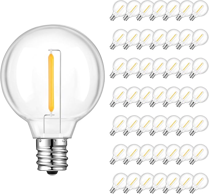 50 Pack G40 LED Replacement Bulbs, Shatterproof 1 Watt E12 LED Bulb for Outdoor Patio Garden Vintage String Lights, 2200K Warm White, Dimmable