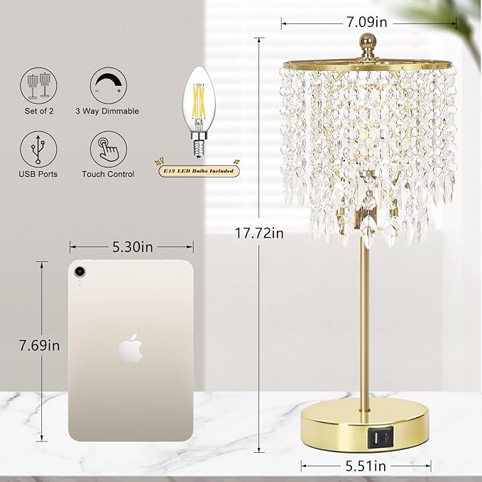 Boncoo Crystal Table Lamp Set of 2, 3-Way Dimmable Nightstand Lamp with 2 USB Charging Ports, Gold Bedside Lamp for Bedroom, Touch Lamp with Elegant Shade for Living Room, B11 LED Bulb Included
