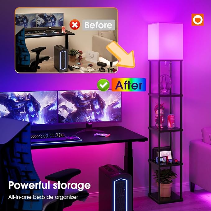 addlon 5-Tier Floor Lamp with Shelves, Modern Shelf Lamp with RGB Smart Bulb, APP Control Standing Lamp with White Lamp Shade, Floor lamp for Living Room, Bedroom (70'' H, Black)