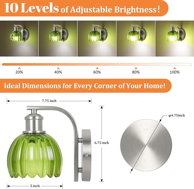 Rechargeable Battery Operated Wall Sconce with Green Glass Lampshade, Wireless Wall Scone Decor with Remote Control, 15 Colors Brushed Nickle Wall Light for Bedside Hallway Bedroom Doorway