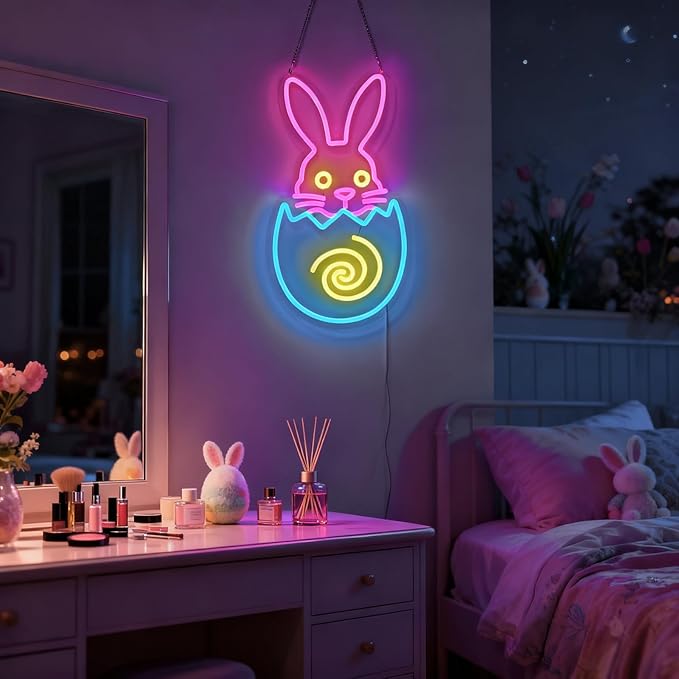 Easter Egg Neon Sign - Bunny LED Wall Decor with Multicolor Glow, USB Powered Dimmable Spring Decor for Easter Party Decorations & Gift Ideas