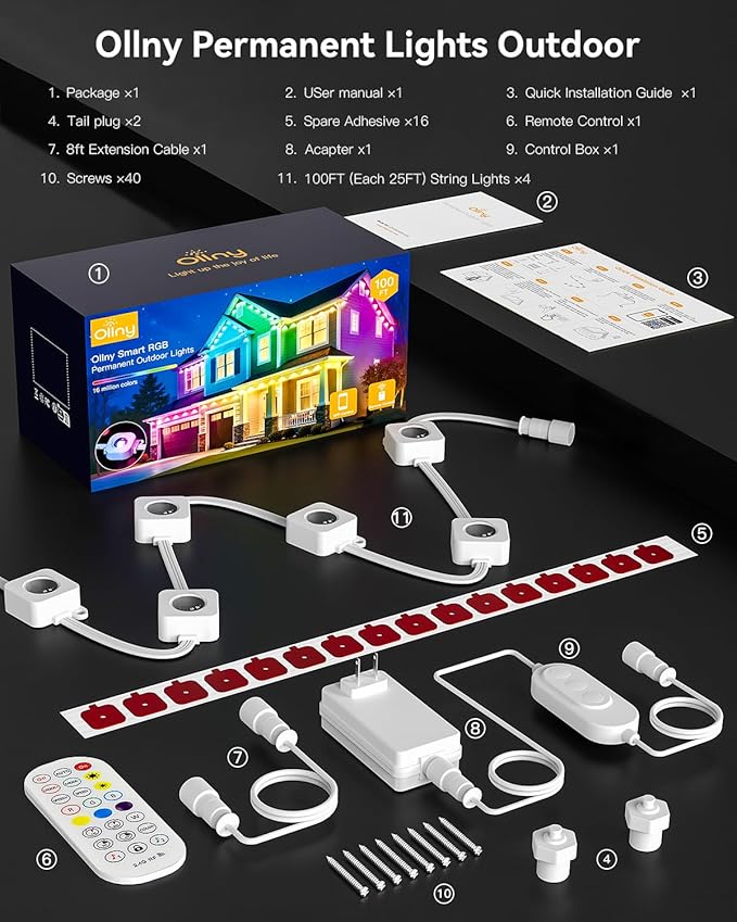 Ollny 100FT 60LED Permanent Outdoor Lights, APP Control RGB Outdoor Lights 100 Scene Modes with Remote, DIY Music Modes Christmas Light for Holiday Xmas Halloween Decorations