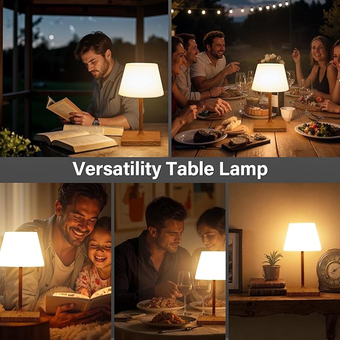 Cordless Table Lamp Waterproof,4000mAh Battery Rechargeable Desk Lamp for Indoor & Outdoor Use,3 Color-temps & Dimmable LED Night Light for Shower Bedroom Restaurant Bathroom Home 10.8"H- Wood Grain