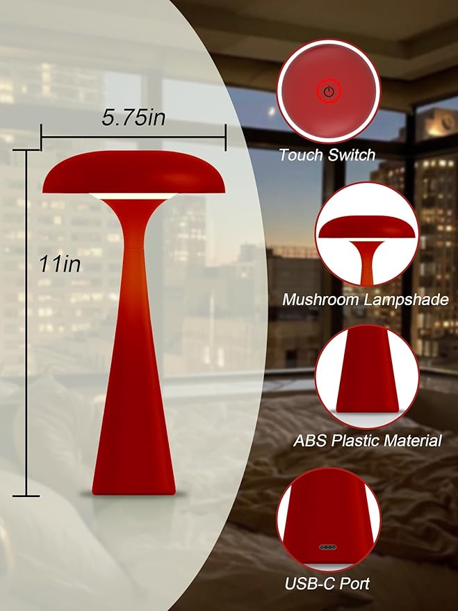 Cordless Table Lamp,Touch LED Reading Light,Cute Desk Lamp with 3 Colors Dimmable,Rechargeable Small Bedside Lamp,Vintage Mushroom Lamp for Bedroom Living Room Dorm Decor(Red)