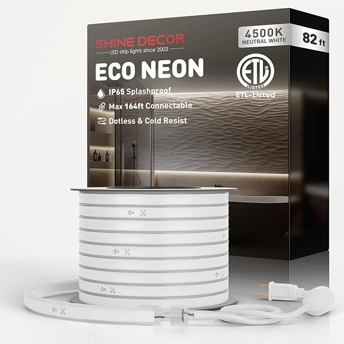 Shine Decor 82FT LED Neon Rope Lights Outdoor Waterproof, AC 110V 120V Flexible NEON LED Strip Lights(Daylight White), ETL Plug&Play 25M Neon Light String 120 LED/M for Home Garden Commercial Lighting