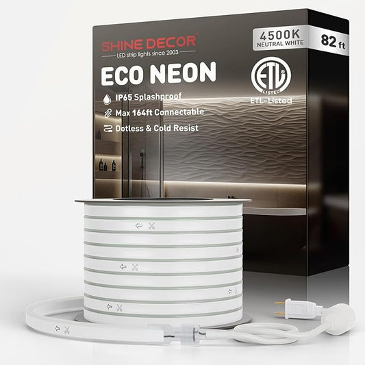 Shine Decor 82FT LED Neon Rope Lights Outdoor Waterproof, AC 110V 120V Flexible NEON LED Strip Lights(Daylight White), ETL Plug&Play 25M Neon Light String 120 LED/M for Home Garden Commercial Lighting