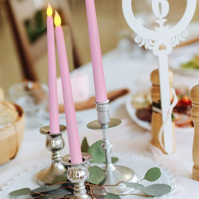 Pink Flameless Taper Candles with Remote, Flickering Battery LED Candlesticks Spring Home Decor Set of 6