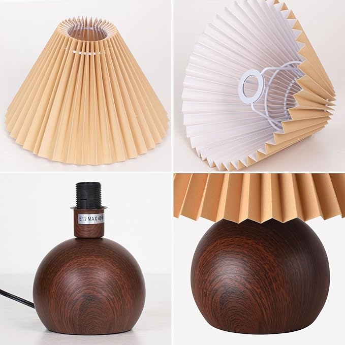 KUNJOULAM Small Pleated Table Lamp, Modern Bedside Nightstand Lamp with Coffee Lampshade, Cute Lamp for Bedroom Living Room Home Office Decor with E12 Bulb