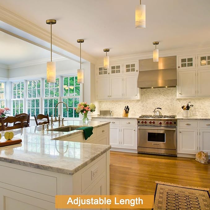 Alabaster Pendant Light for Kitchen Island, H-9.5in Modern Brass Hanging Light Fixture with Natural Alabaster Stone Shade, Adjustable Pendant Lighting Over Sink, Dining, Bar, Counter