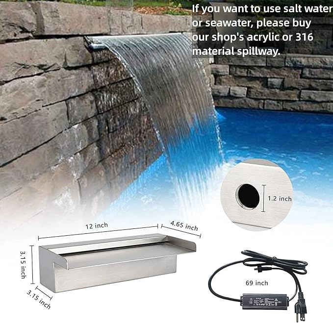 YUDA 12" LED Pool Water Spillway W/ 7 Color Changing LED Strip, Stainless Steel Pond Fountain Lighting for Sheer Descent PSC300