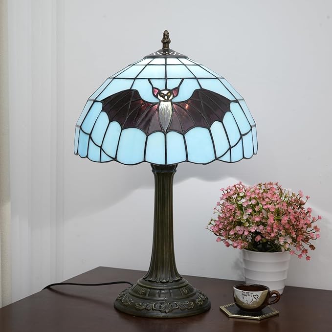 Tiffany Lamp Stained Glass Lamp 12 Inch Tiffany Style Blue Background With Black Bats Bedside Lamp Classical Art Decor Bedroom Living Room Dining Dormitory Table Vintage Home Decor The Ideal Gift