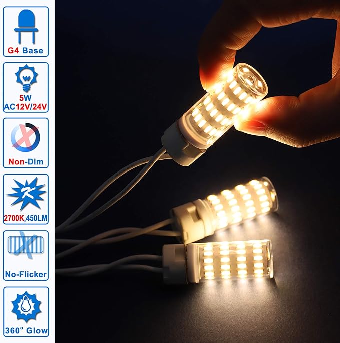 G4 T3 LED Landscape Bulbs 5W 12~24V, 40W 35W Halogen Equivalent,2700k Soft Warm White,Low Voltage G4 JC Bi-Pin Light Bulbs for Outdoor Deck Stair Step Path Lighting,450 LM,(10Pack)