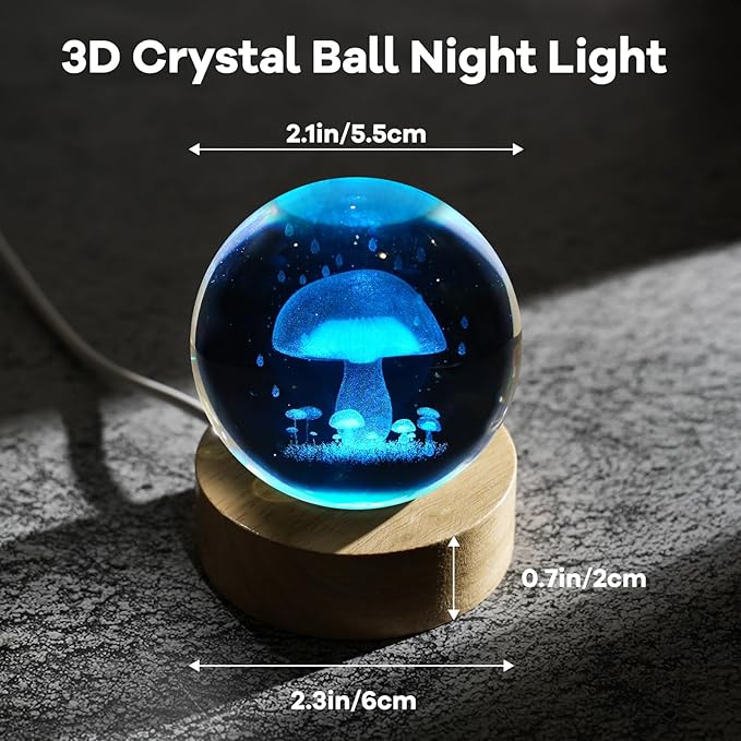 3D Mushroom Crystal Ball Night Light 2.4in Mushroom Figurines Decor Table Lamp with 16 Colors Change Mushroom Stuff for Room Birthday Christmas Mushroom Gifts for Women Friends Kids