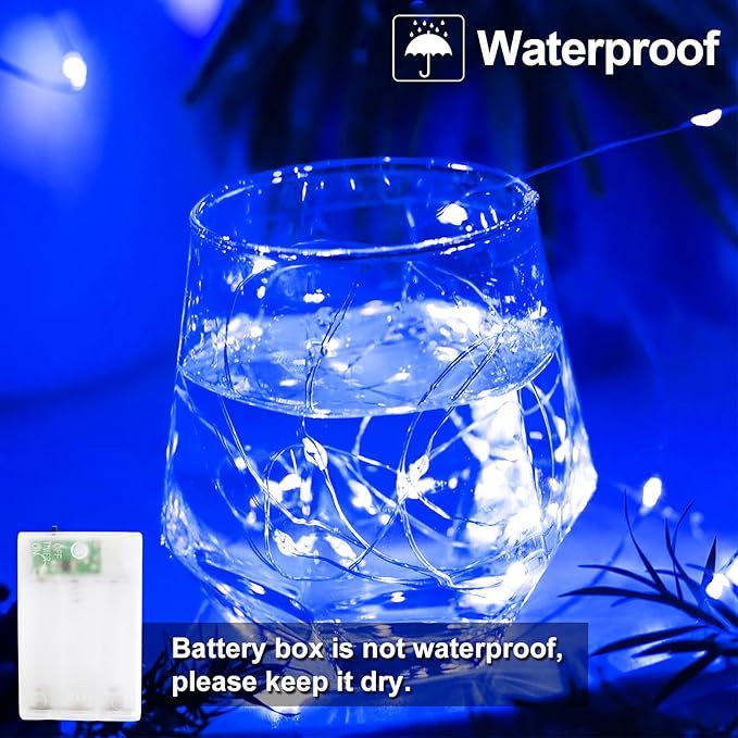 YAOZHOU Christmas Decorations Blue Fairy String Lights, Battery Operated with Timer, 2 Pack Total 33FT 100 Led Mini Battery Powered Mason Jar Waterproof Firefly Lights DIY Party