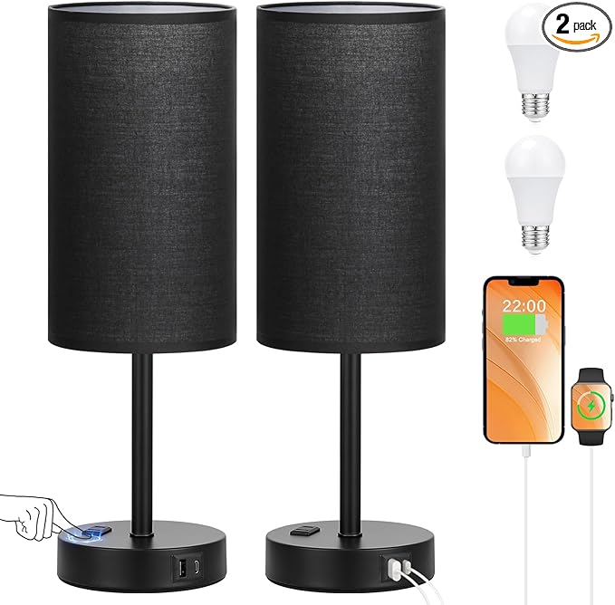 17.4inches Tall Black Touch Table Lamps Set - 3 Way Dimmable Bedside Lamps with USB C and A Ports, Small Lamps for Nightstand with AC Outlet, Round Flaxen Shade for Desk, Office, Dorm, Nursery
