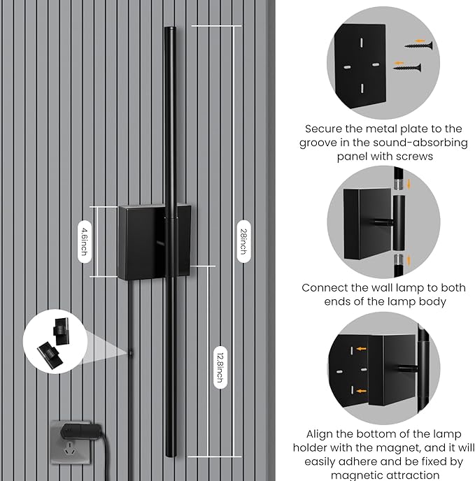 Lichaser Plug-in Black Wall Sconces for Acoustic Wood Panels, WiFi LED Sconce Lights Compatible with Alexa and Smart App, 3000K-6500K Color Temperature Adjustment, for Slat Wall Panels (Set of 2)