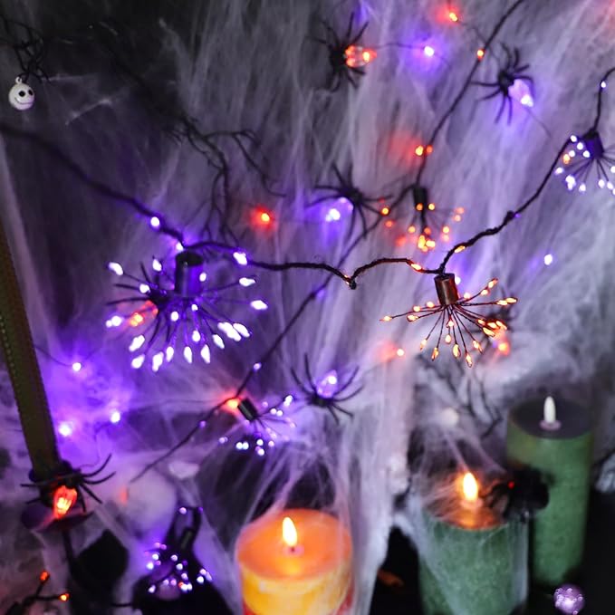 Halloween Lights Indoor Purple and Orange Fairy Lights 10 FT - 200 LEDs - 8 Clusters Fireworks with Remote Ideal Indoor and Outdoor Spooktacular Halloween Decorations