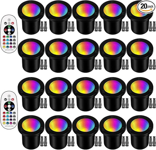 RGB Low Voltage Landscape Lights LED Color Changing Well Lights, Outdoor In Ground Light Waterproof Spotlights 12-24V Landscape Lighting for Yard Garden Pathway(20 Pack with Connectors)