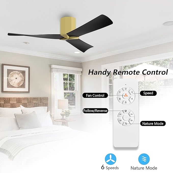 WINGBO 52" Ceiling Fan no Light - Brass and Black DC Flush Mount Ceiling Fan, 3 ABS Plastic Curved Blades, 6 Speed Reversible DC Motor, Hugger Ceiling Fans No Light for Kitchen, Bedroom, Living Room