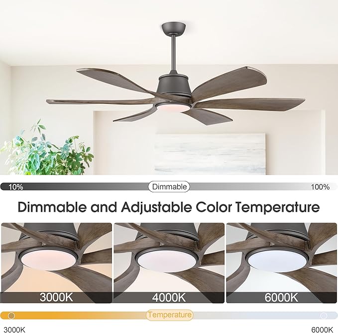 WINGBO 60" Smart Ceiling Fan with Light, Dimmable LED Light, 6-Speed Remote/APP/Voice Control, Solid Blades Fan for Bedroom/Living Room/Shop Compatible with Alexa or Google Assistant Wood Color