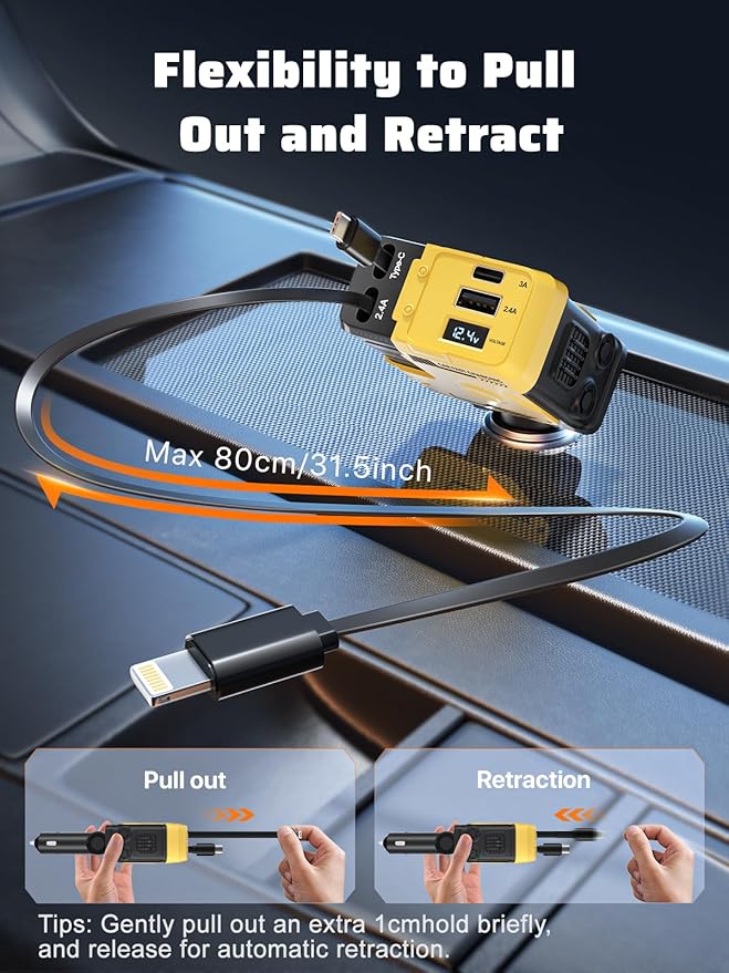 Retractable Car Charger with Retractable Cables (31.5 inch), 4 in 1 Super Fast Car Phone Charger, 2 USB Ports Car Charger Adapter, Compatible with iPhone 15 14 13 12 11 Pro Max, iPad, Pixel