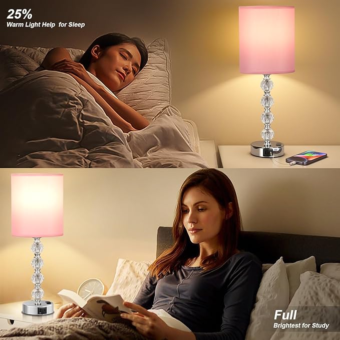 Acaxin Touch Bedside Crystal Lamps for Bedrooms Nightstand with USB C+A Charging Port and AC Outlet White, 3 Way Dimmable Silver Large End Side Table Lamp for Living/Guest/Dinning Room/Kitchen