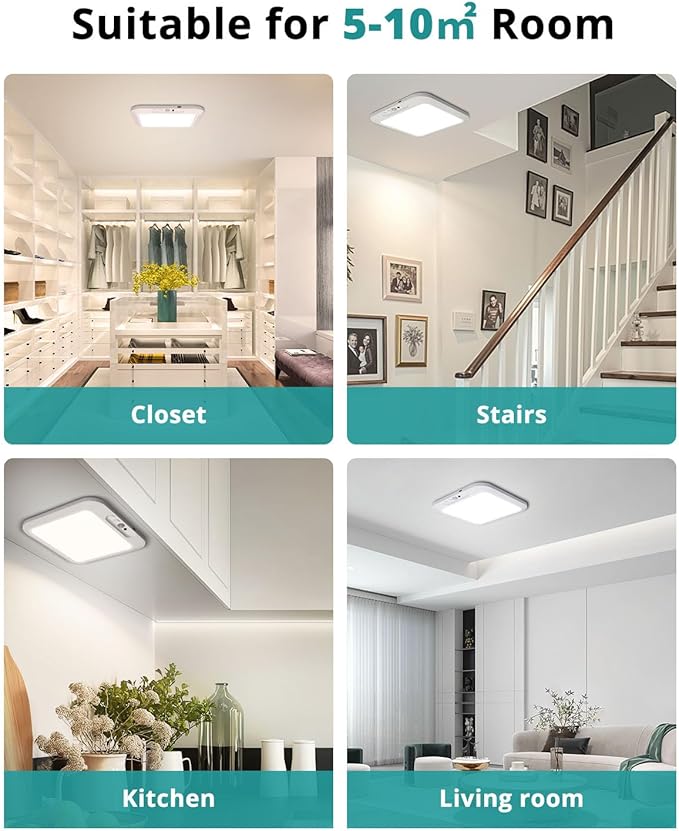 wowatt Rechargeable Battery Operated Ceiling Light, Motion Sensor Light Indoor Wireless Shower Lamp with Remote 3000K 4500K 6500K Dimmable Timing for Closet, Shower, Hallway, Patio