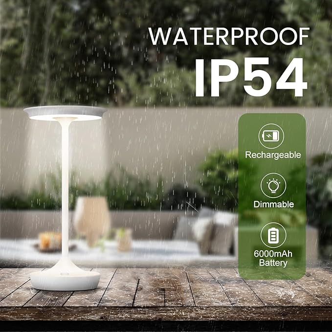 LED Cordless Table Lamp Rechargeable-Portable Battery Operated Lamps, 3 Color Touch Dimming Waterproof Light for Patio/Restaurant/Dining/Outdoor (White2)