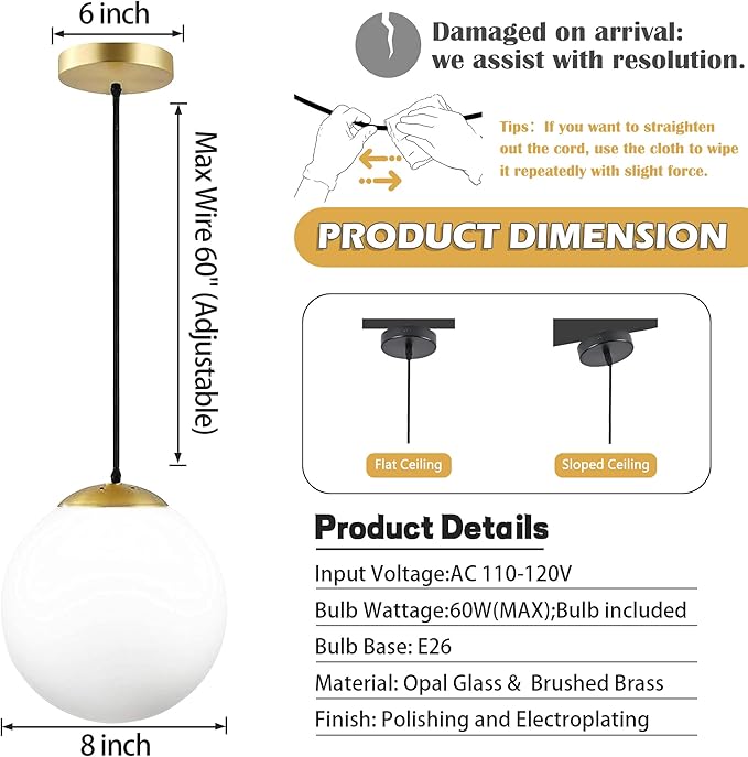 KoKo&Yukina 8 Inch Gold Modern Globe Pendant Light White Glass with Brass Finish Contemporary Mid Century Adjustable Hanging Light Fixture for Living Room Bedroom Bathroom Kitchen (Bulb Incl.)