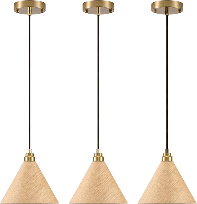 3 Pack Pendant Lights Kitchen Island, 8.3” Modern Pendant Light, Adjustable Height Wood Hanging Light, Kitchen Island Light fixtures for Dining Room, Bedroom, Hallway, Bar(Natural Wood)
