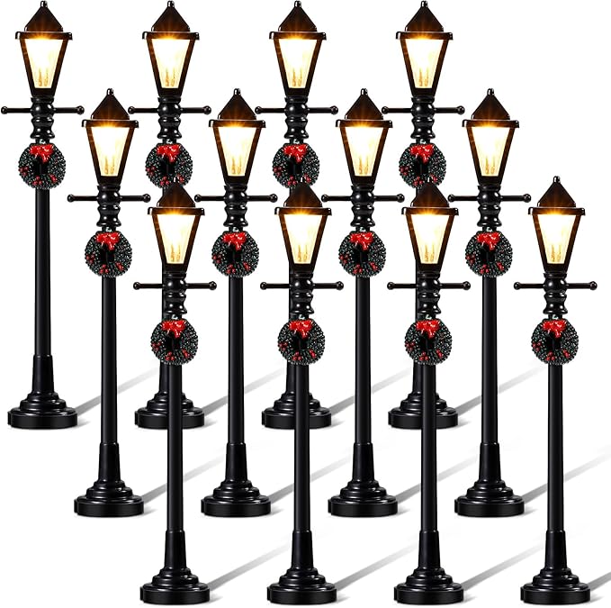 Baquler 12 Pcs Christmas Lamp Posts Christmas Village Accessories Miniature Fairy Street Lamps Decorative Uptown Mini Street Lights Pathway Lantern for Xmas Holiday Decoration DIY Craft(Cute)