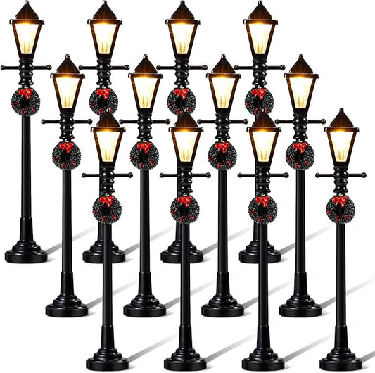 Baquler 12 Pcs Christmas Lamp Posts Christmas Village Accessories Miniature Fairy Street Lamps Decorative Uptown Mini Street Lights Pathway Lantern for Xmas Holiday Decoration DIY Craft(Cute)
