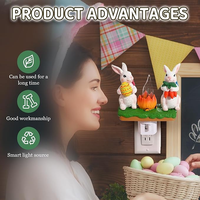 Bunny Campfire Flickering Nightlight, Easter Night Light Plug Into Wall with Switch, Rabbit LED Lamp for Spring Hallway Stair Bedroom Decoration
