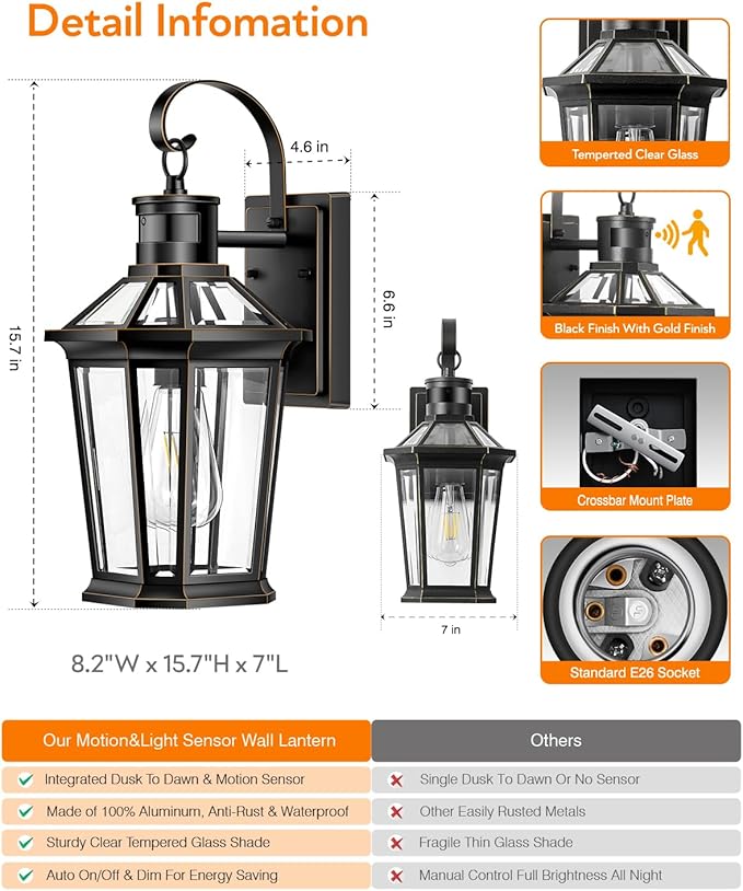 VIANIS Motion Sensor Outdoor Wall Lights, Dusk to Dawn Exterior Light Fixture Wall Mount for House Front Porch Light, Black Anti-Rust Aluminium Modern Outdoor Wall Sconce Lantern for Garage 2 Pack