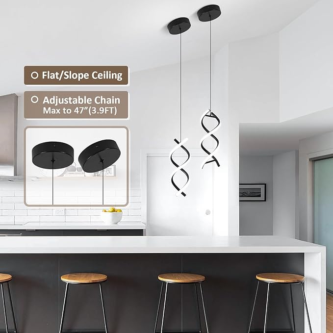CANEOE Spiral Led Pendant Light Fixture,15W Cold White Light Modern LED Pendant Lamp, Adjustable Kitchen Island Hanging Light Fixture for Dining Room Living Room Bedroom Kitchen Sink, 3 Packs