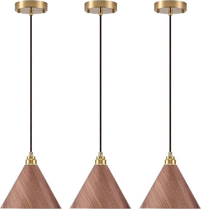 3 Pack Pendant Lights Kitchen Island, 8.3” Small Wood Pendant Light, Adjustable Height Hanging Light Fixtures, Kitchen Island Lights for Dining Room, Bedroom, Hallway, Bar (Walnut)