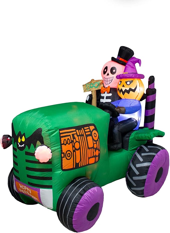 5.5Ft Long Halloween Inflatable Ghost Tractor Decoration with LED Lights Halloween Blow up Car Outdoor Indoor Holiday Decorations Yard Decor Giant Lawn Inflatable Garden Party Decoration