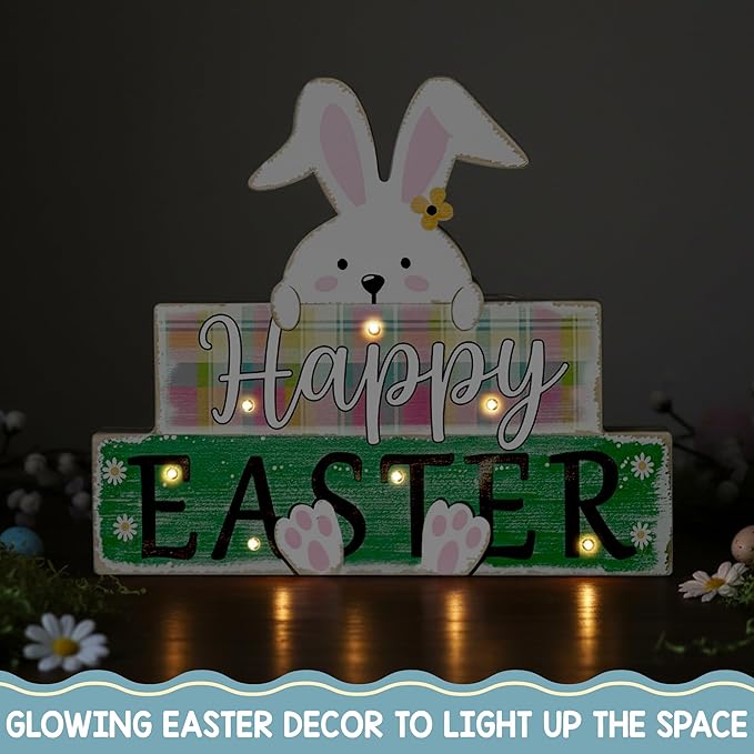 Happy Easter Sign Bunny Decor, Farmhouse Light Up Easter Decorations, Rustic Lighted Spring Decoration With LED Lights, Wooden Rabbit For Home, Office, Kitchen, Table Centerpiece, Tiered Tray, Mantel