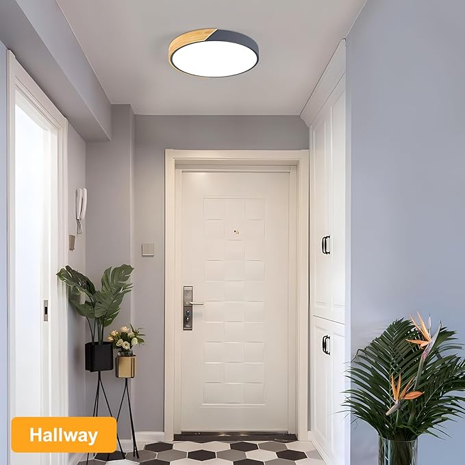 Vikaey Modern LED Ceiling Light, Minimalist Wood Flush Mount Ceiling Light Fixture, 4000K Not Dimmable, Circle Lighting Lamp with Acrylic Lampshade for Bedroom Dining Room Laundry (Grey, 15.8'')